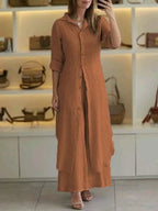 Women's Wide Leg Blouse Set – Button-Up Pants Set