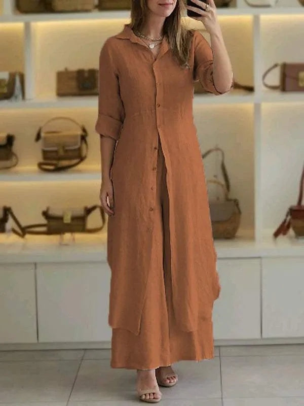 Women's Wide Leg Blouse Set – Button-Up Pants Set