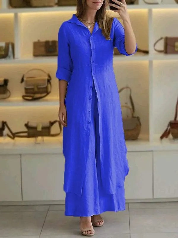 Women's Wide Leg Blouse Set – Button-Up Pants Set