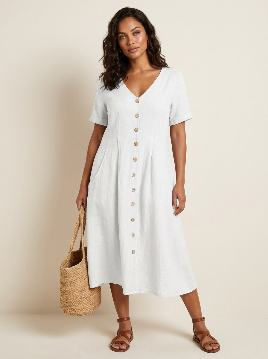 Women's V-Neck Midi Dress – Button-Up Summer Dress