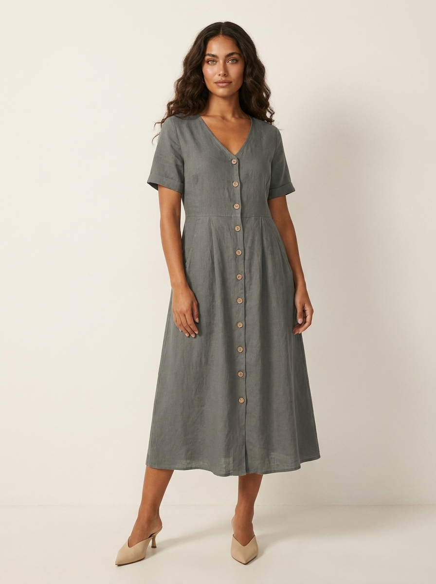 Women's V-Neck Midi Dress – Button-Up Summer Dress