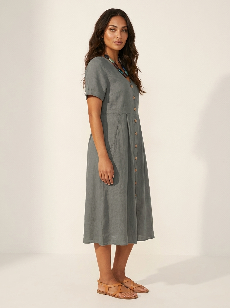 Women's V-Neck Midi Dress – Button-Up Summer Dress