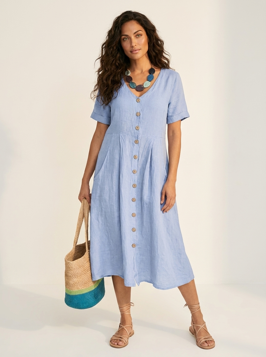 Women's V-Neck Midi Dress – Button-Up Summer Dress