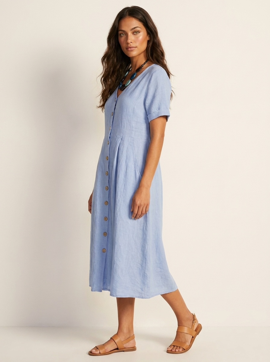 Women's V-Neck Midi Dress – Button-Up Summer Dress
