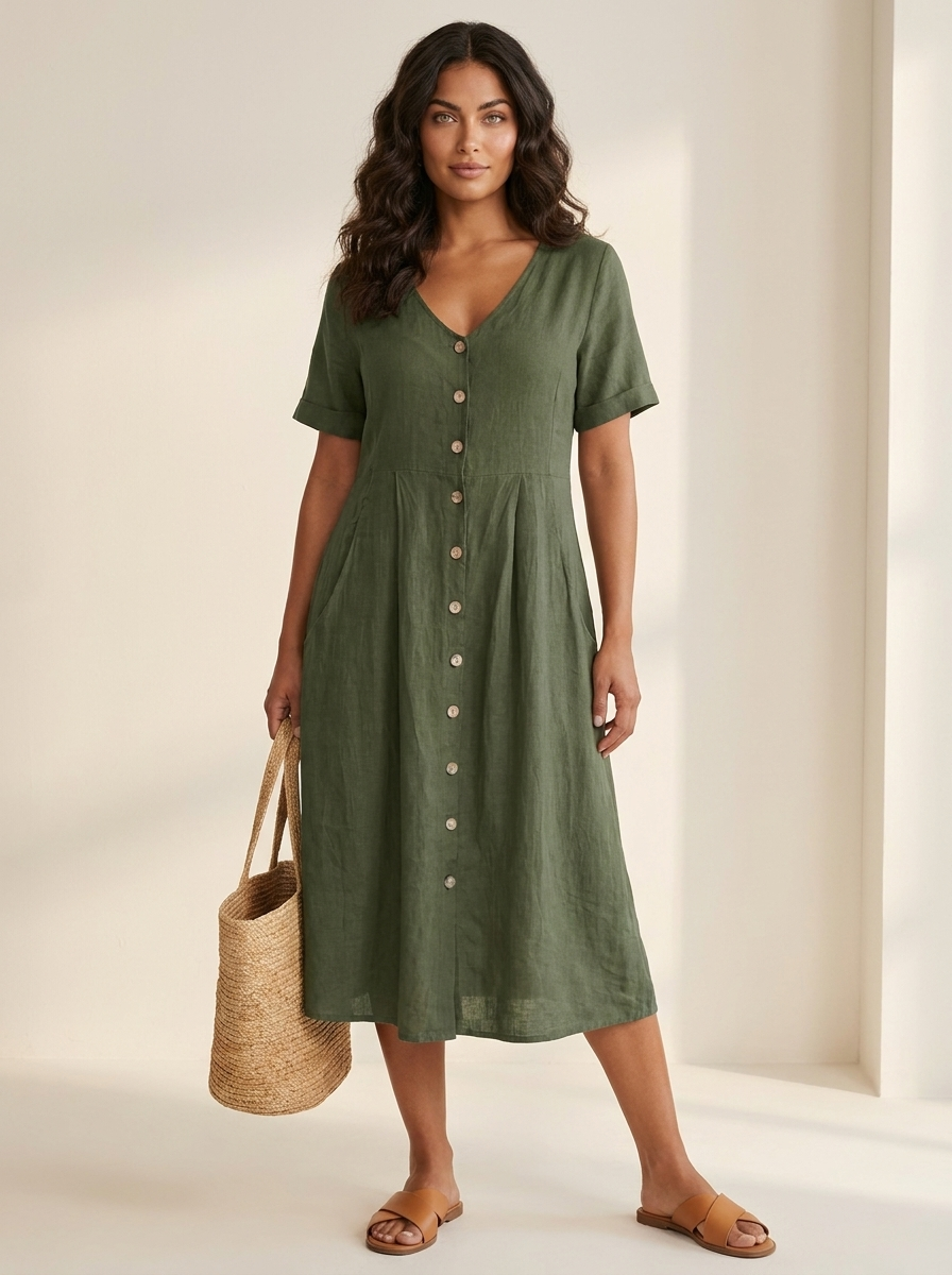 Women's V-Neck Midi Dress – Button-Up Summer Dress
