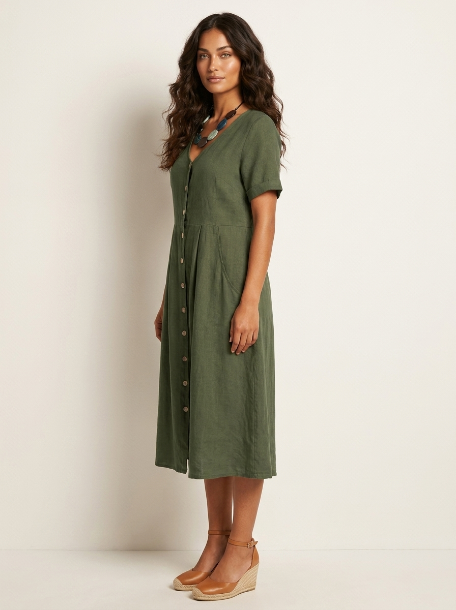 Women's V-Neck Midi Dress – Button-Up Summer Dress