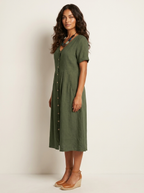 Women's V-Neck Midi Dress – Button-Up Summer Dress