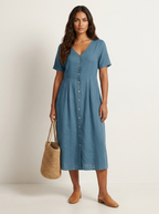 Women's V-Neck Midi Dress – Button-Up Summer Dress
