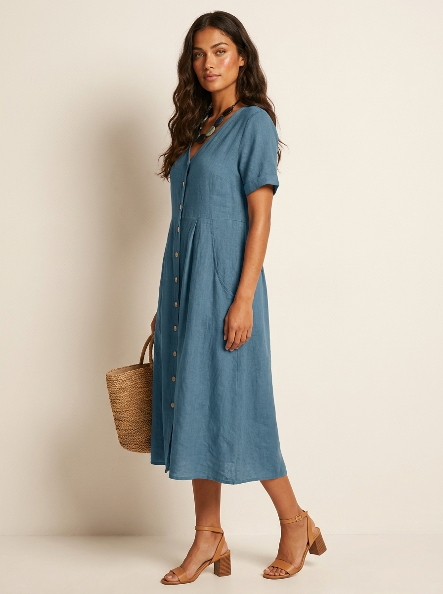 Women's V-Neck Midi Dress – Button-Up Summer Dress