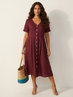 Women's V-Neck Midi Dress – Button-Up Summer Dress