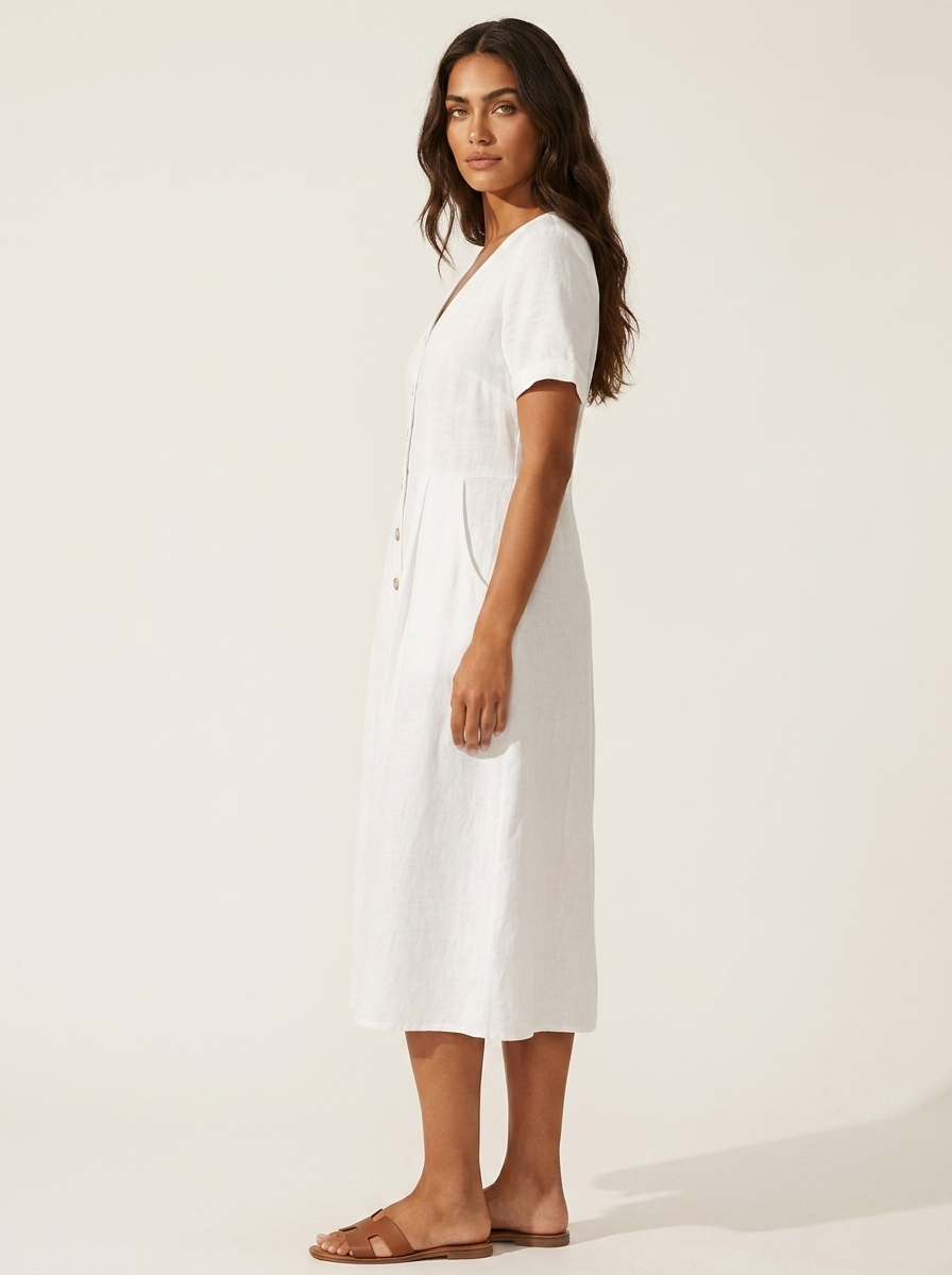 Women's V-Neck Midi Dress – Button-Up Summer Dress