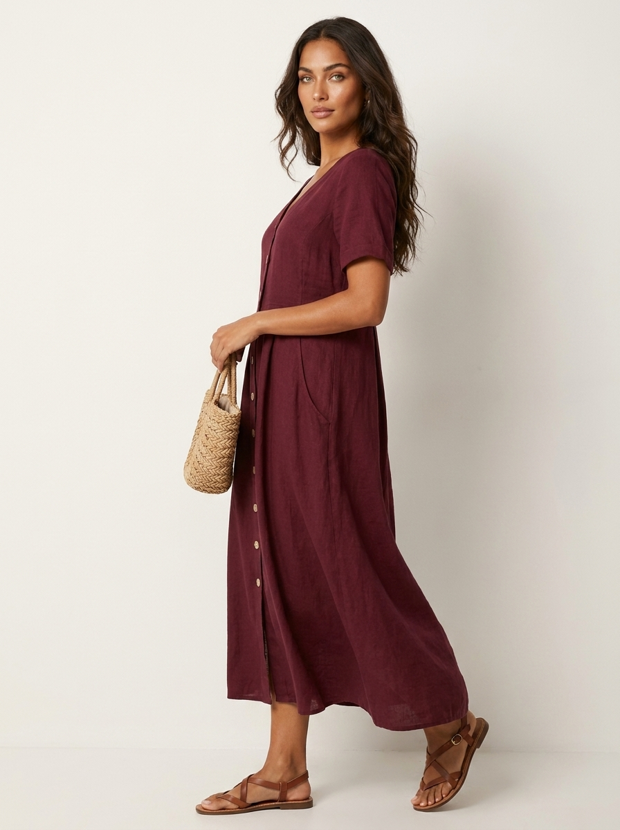 Women's V-Neck Midi Dress – Button-Up Summer Dress