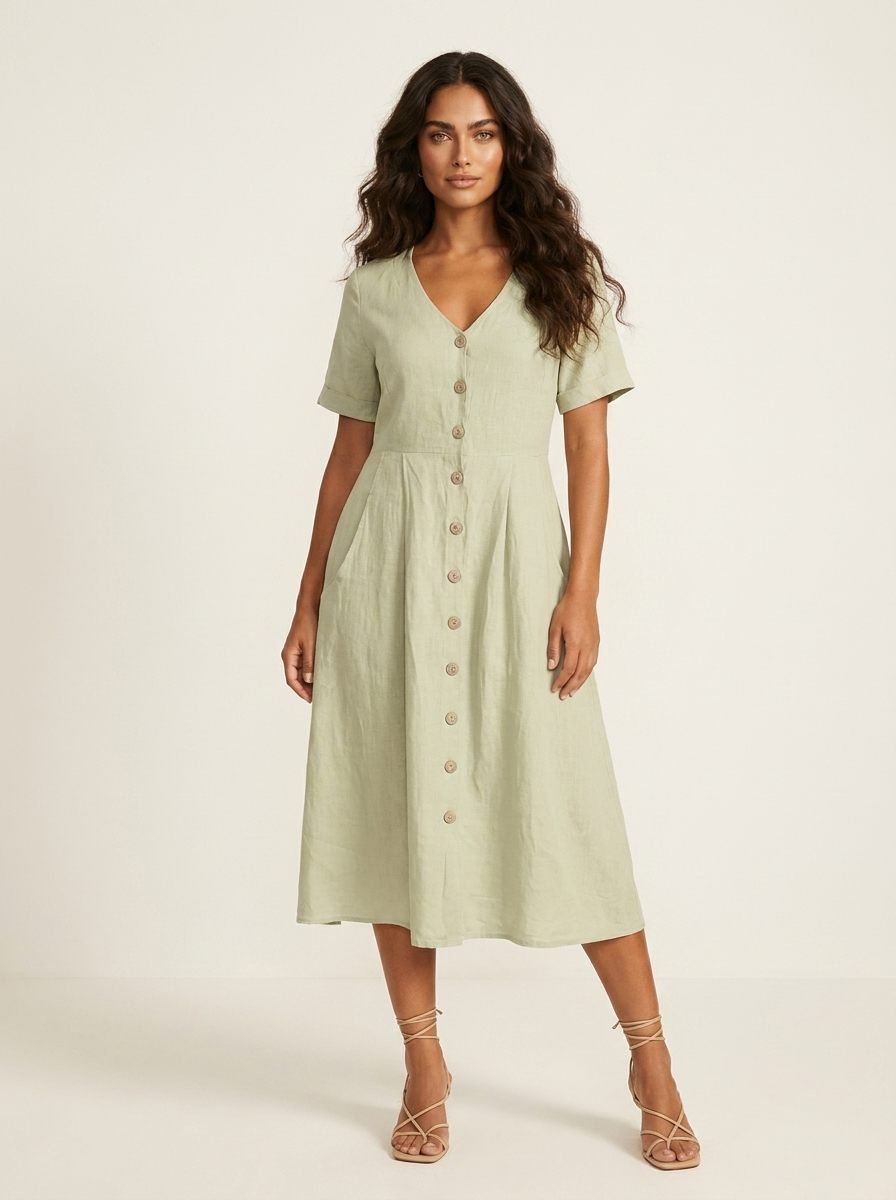 Women's V-Neck Midi Dress – Button-Up Summer Dress