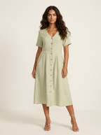 Women's V-Neck Midi Dress – Button-Up Summer Dress