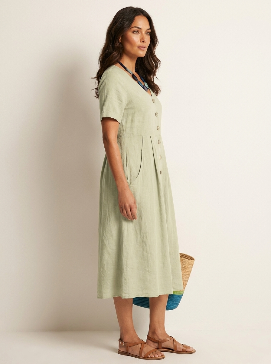 Women's V-Neck Midi Dress – Button-Up Summer Dress