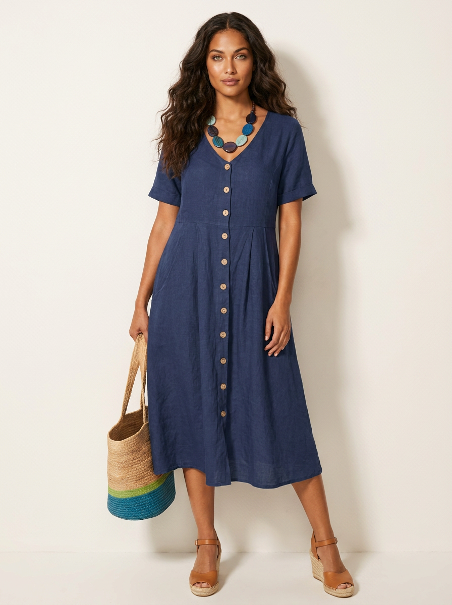 Women's V-Neck Midi Dress – Button-Up Summer Dress