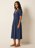 Women's V-Neck Midi Dress – Button-Up Summer Dress