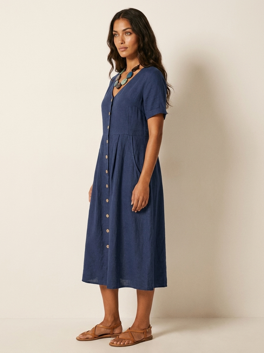 Women's V-Neck Midi Dress – Button-Up Summer Dress