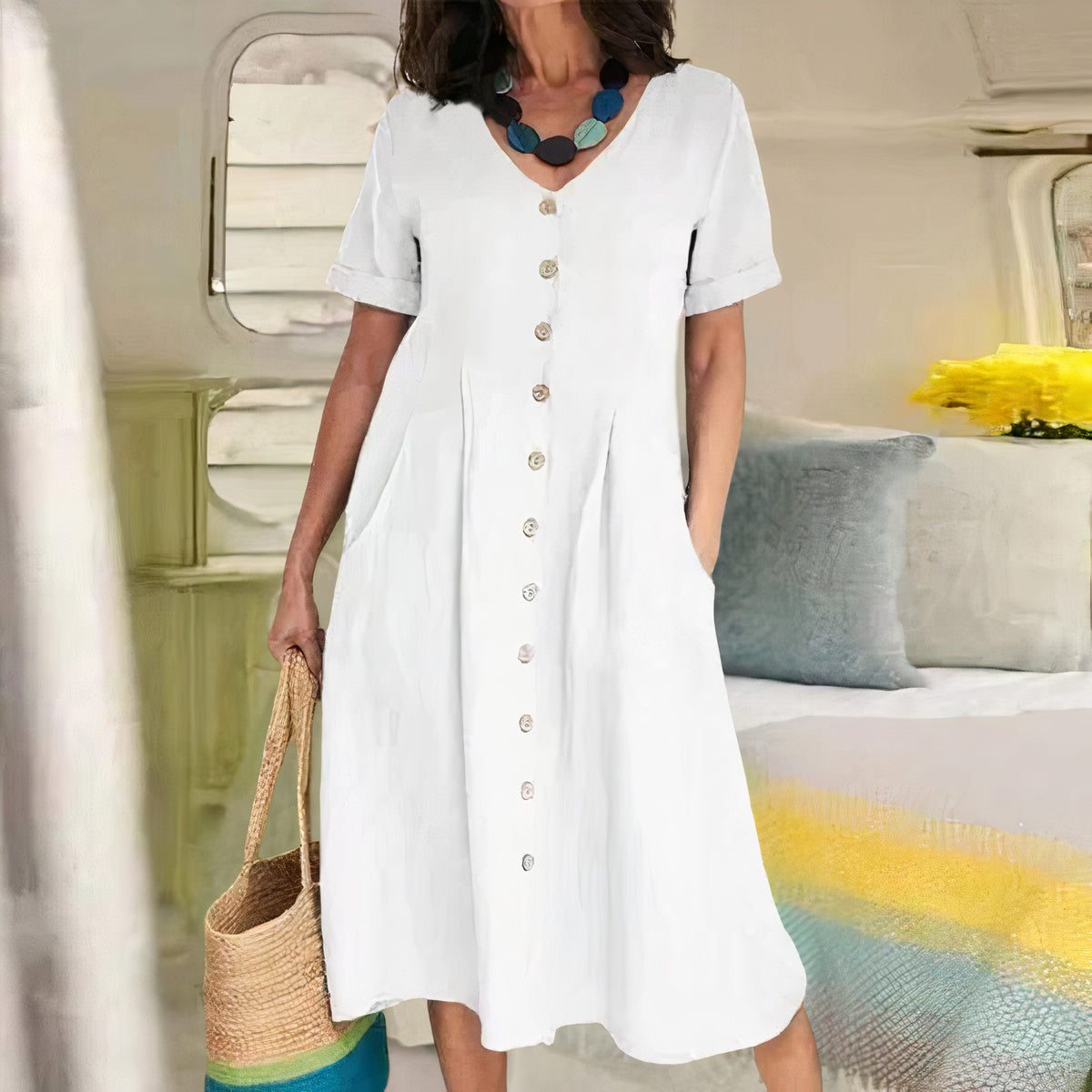 Women's V-Neck Midi Dress – Button-Up Summer Dress