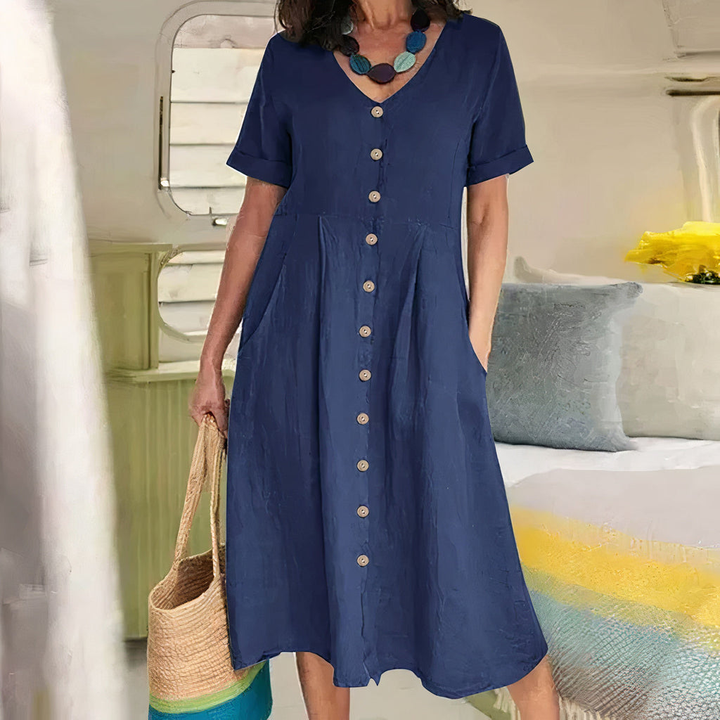 Women's V-Neck Midi Dress – Button-Up Summer Dress