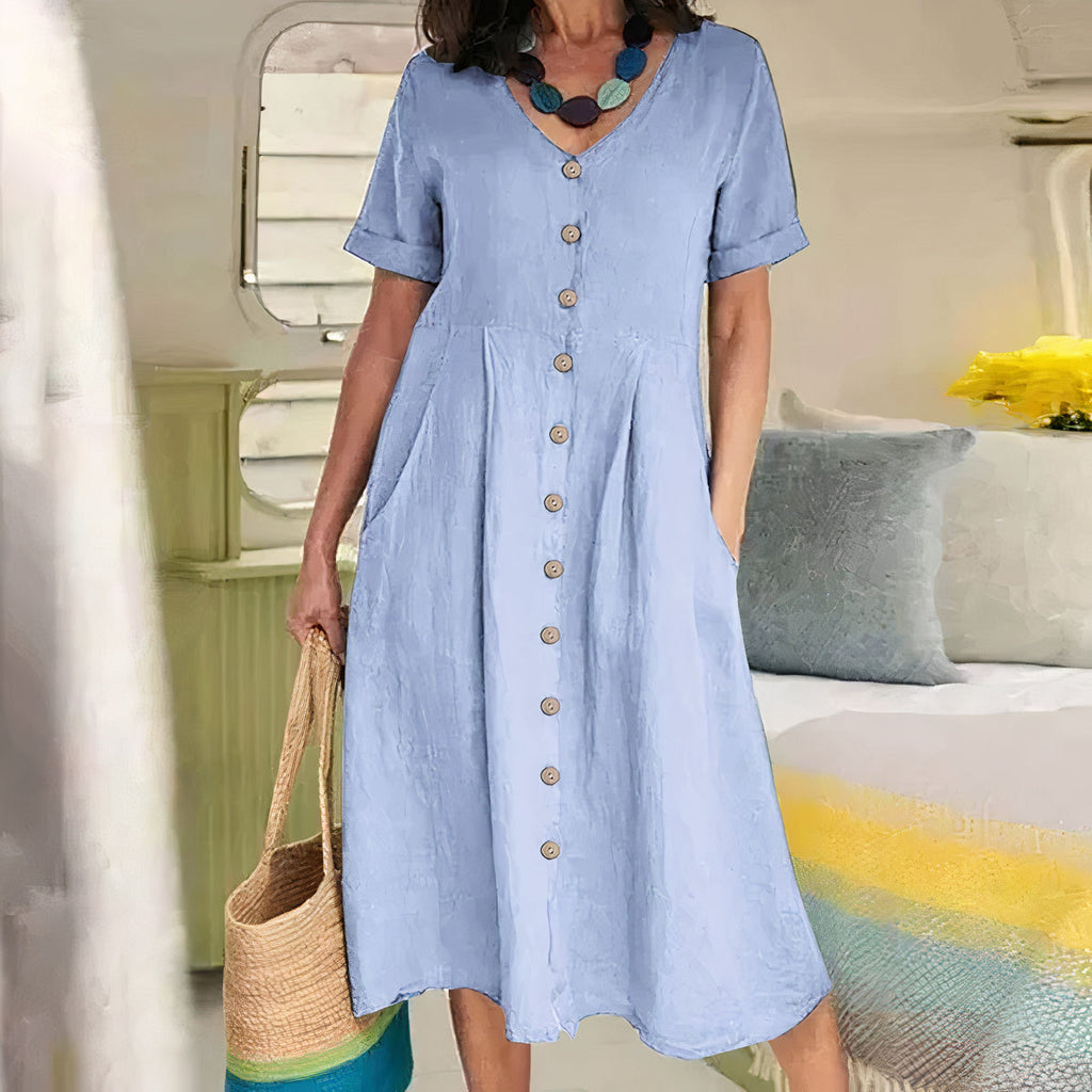 Women's V-Neck Midi Dress – Button-Up Summer Dress