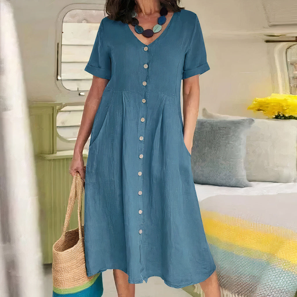 Women's V-Neck Midi Dress – Button-Up Summer Dress