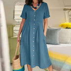 Women's V-Neck Midi Dress – Button-Up Summer Dress