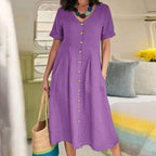 Women's V-Neck Midi Dress – Button-Up Summer Dress