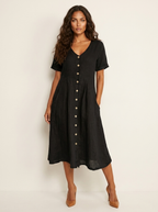 Women's V-Neck Midi Dress – Button-Up Summer Dress
