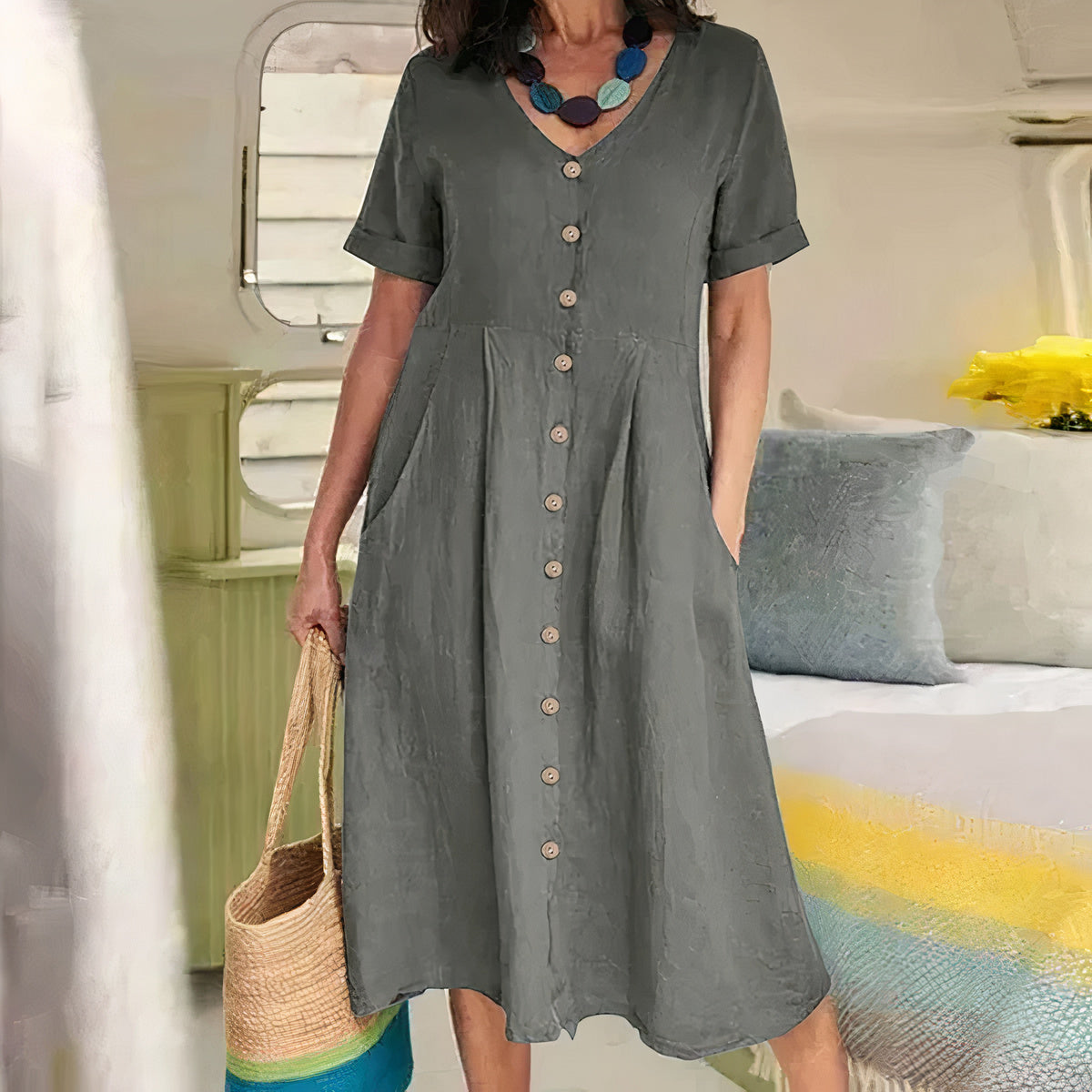 Women's V-Neck Midi Dress – Button-Up Summer Dress