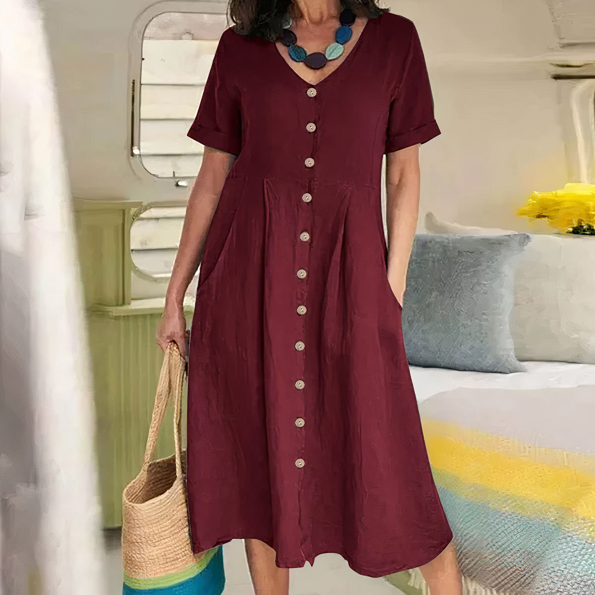 Women's V-Neck Midi Dress – Button-Up Summer Dress