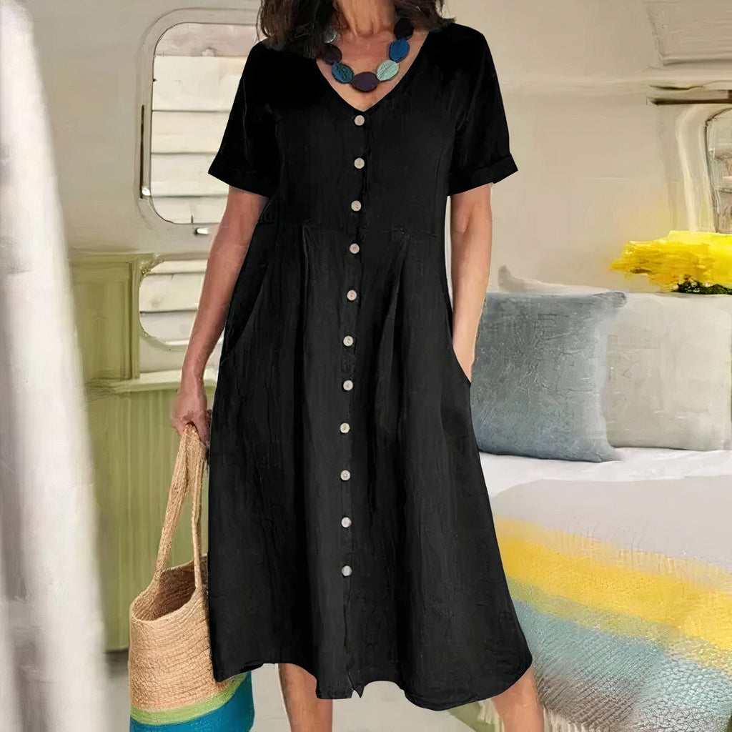 Women's V-Neck Midi Dress – Button-Up Summer Dress