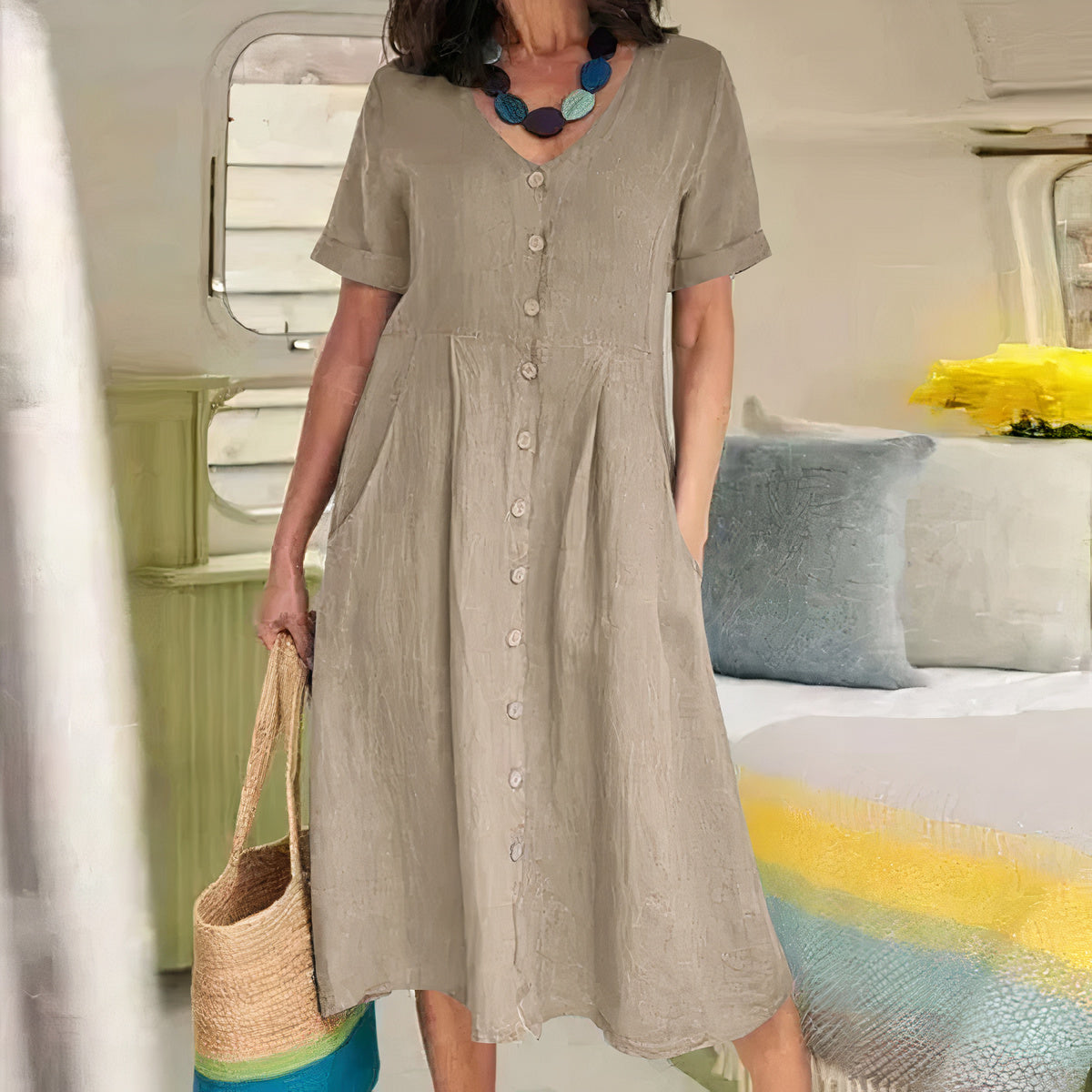 Women's V-Neck Midi Dress – Button-Up Summer Dress