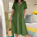Women's V-Neck Midi Dress – Button-Up Summer Dress