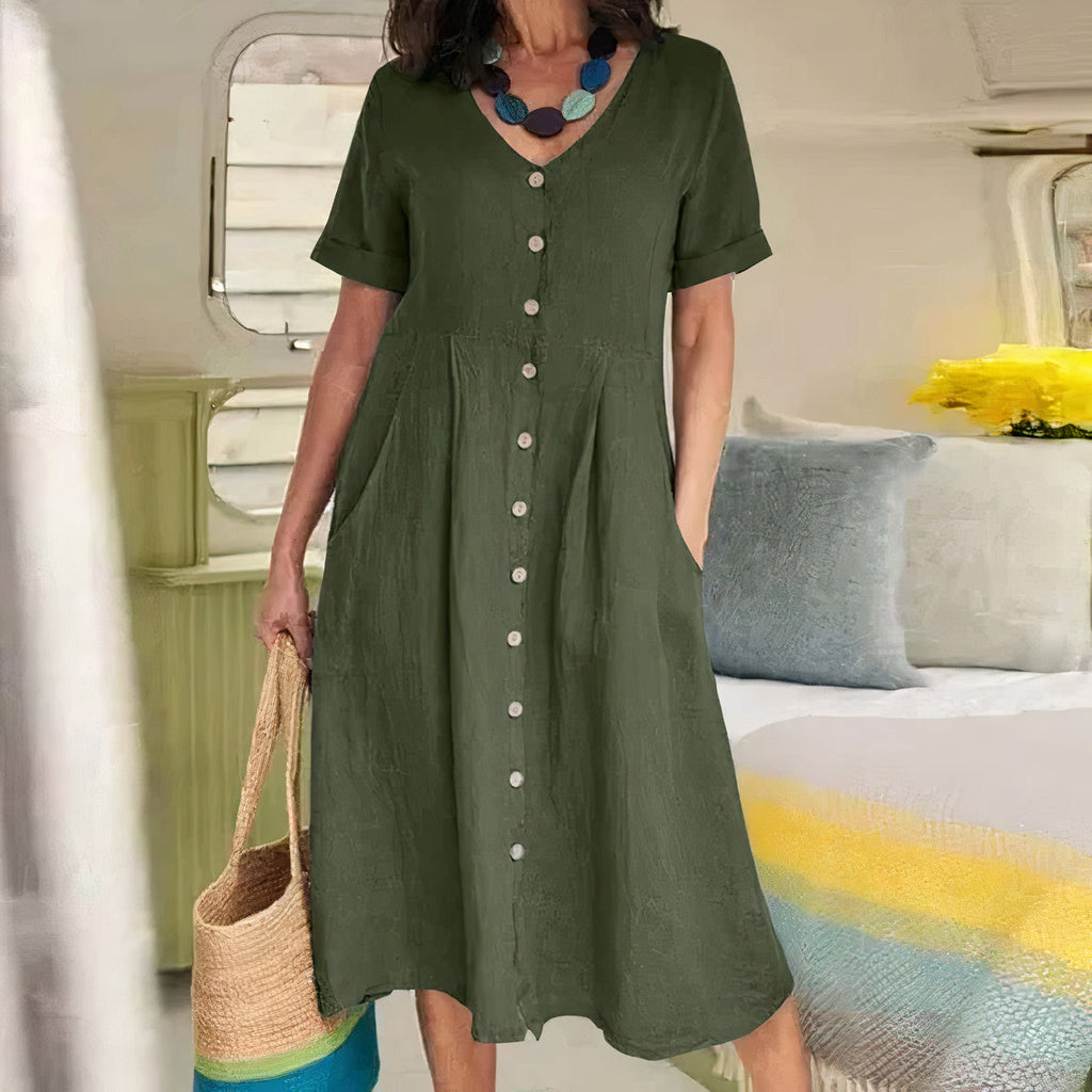 Women's V-Neck Midi Dress – Button-Up Summer Dress