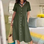 Women's V-Neck Midi Dress – Button-Up Summer Dress