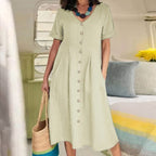 Women's V-Neck Midi Dress – Button-Up Summer Dress