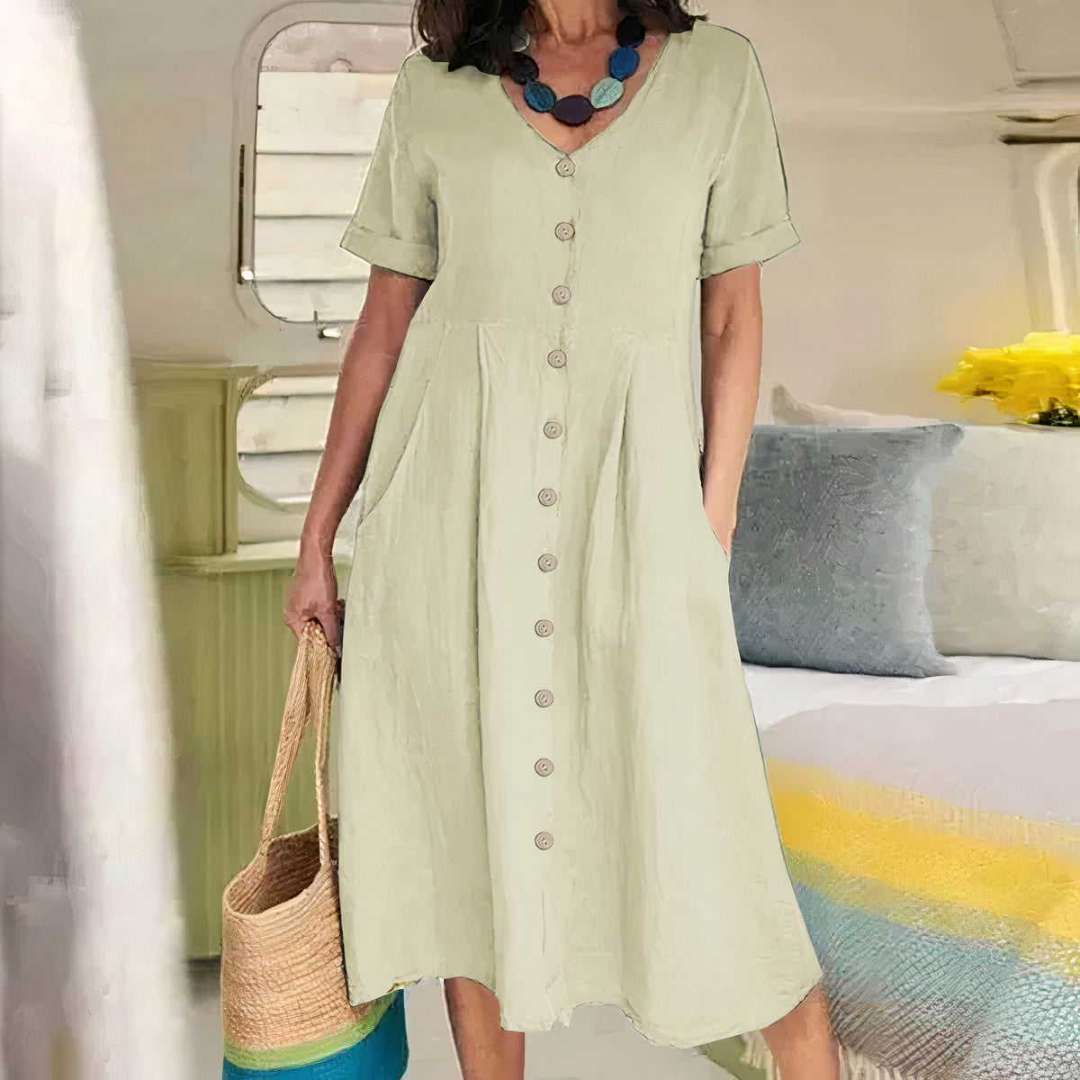 Women's V-Neck Midi Dress – Button-Up Summer Dress