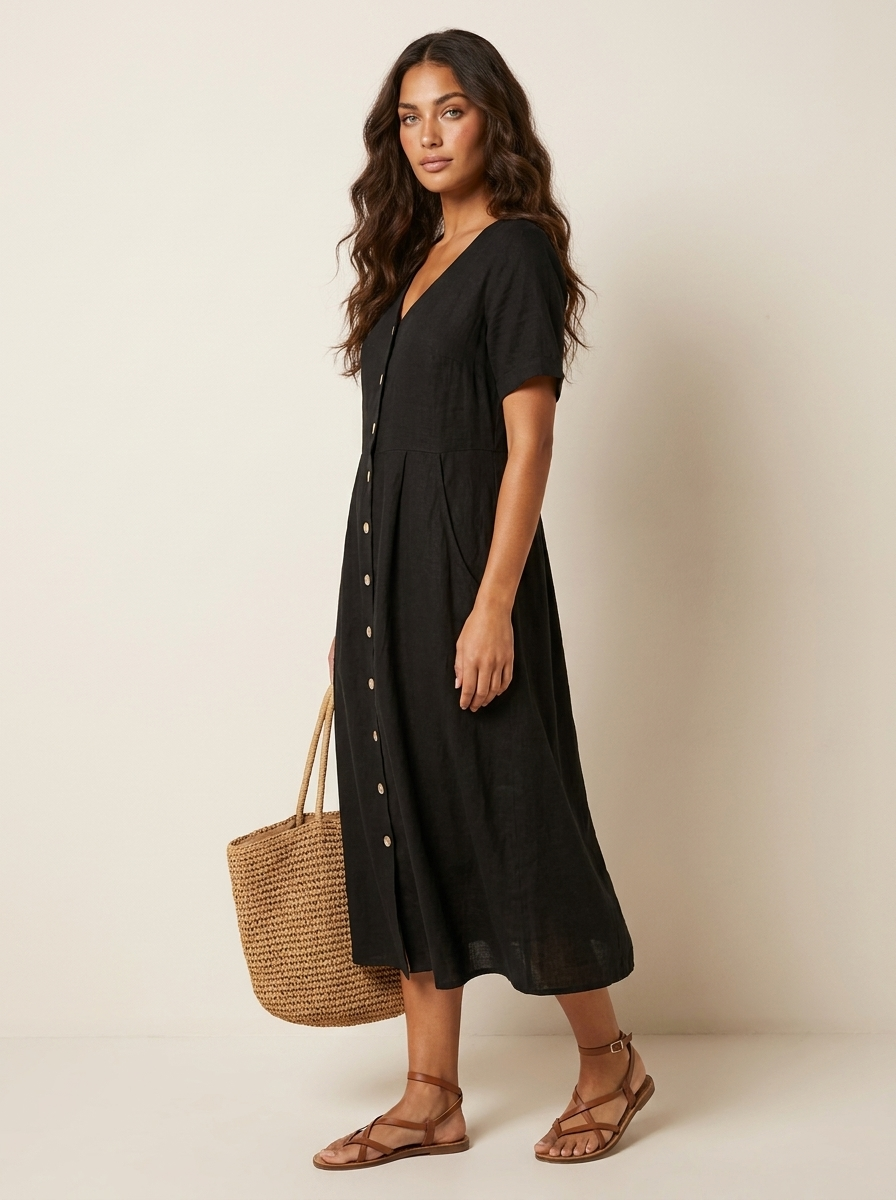 Women's V-Neck Midi Dress – Button-Up Summer Dress