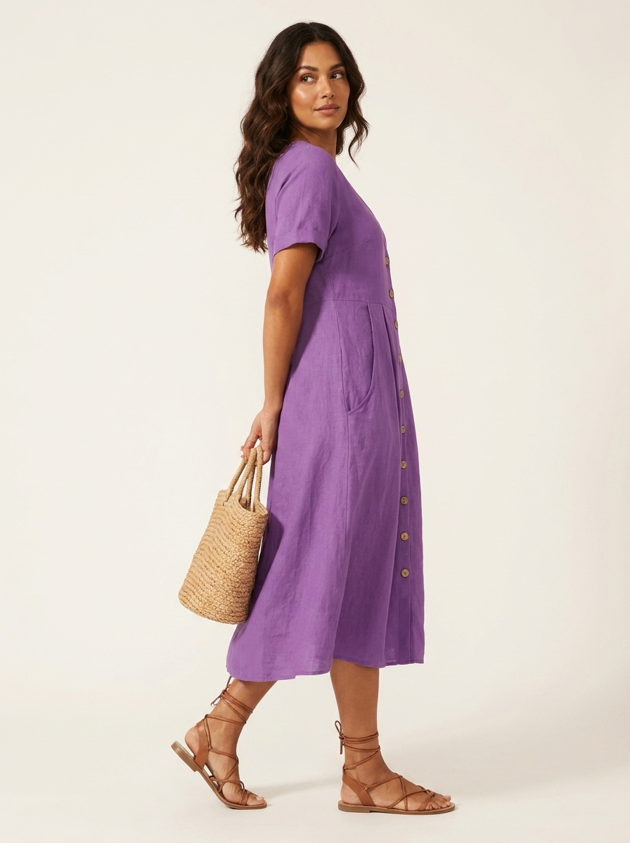 Women's V-Neck Midi Dress – Button-Up Summer Dress