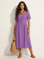 Women's V-Neck Midi Dress – Button-Up Summer Dress