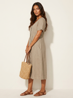 Women's V-Neck Midi Dress – Button-Up Summer Dress