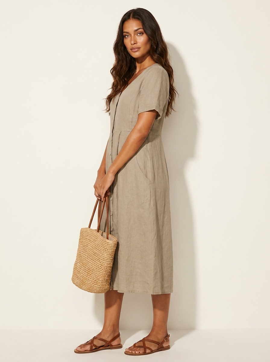 Women's V-Neck Midi Dress – Button-Up Summer Dress