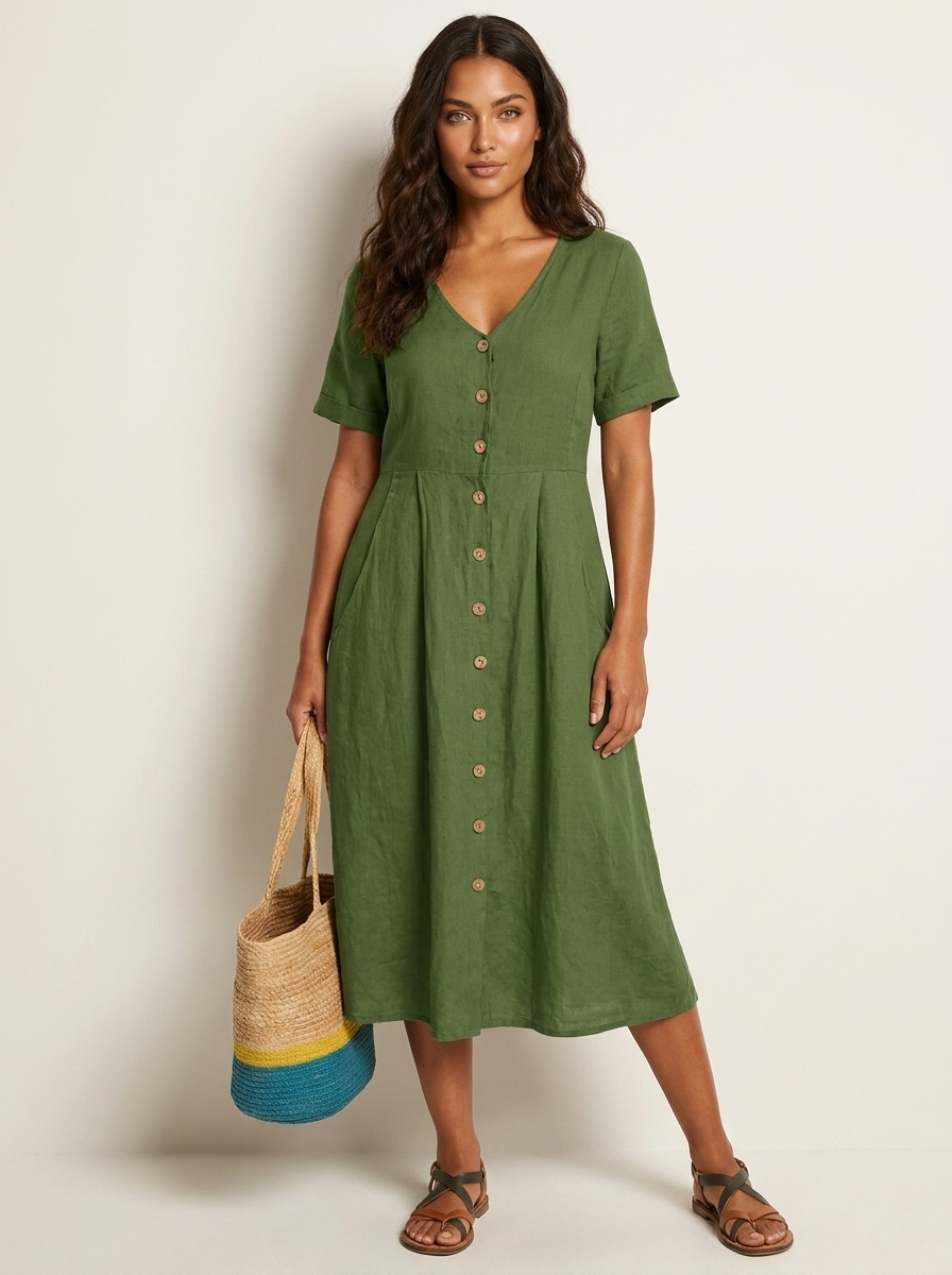 Women's V-Neck Midi Dress – Button-Up Summer Dress