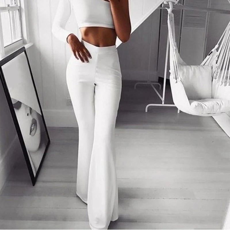 Women's Stretch Pull-On Flared Trousers – High Waist Fitted Pants