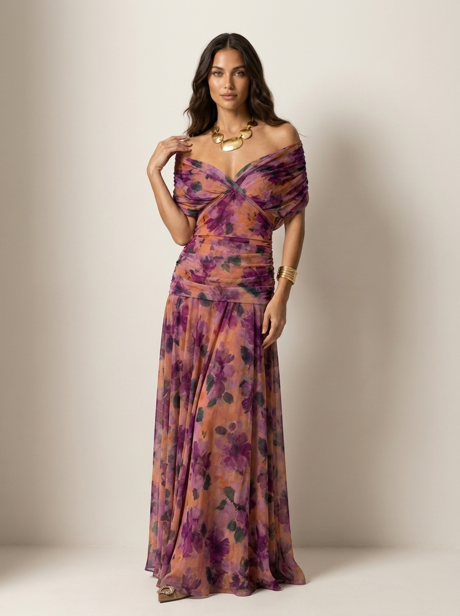 Women's Pleated Maxi Gown – Flowy Formal Wedding Guest Evening Dress