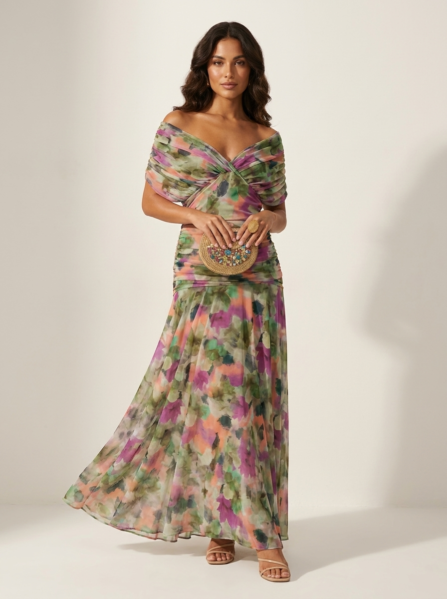 Women's Pleated Maxi Gown – Flowy Formal Wedding Guest Evening Dress