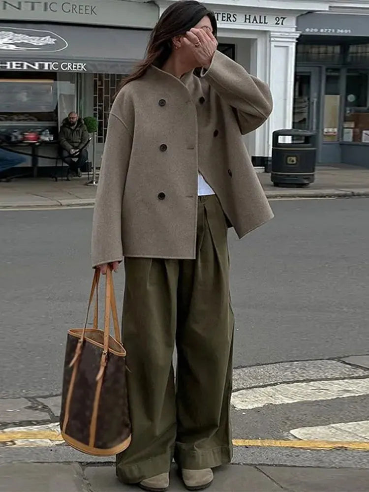 Women's Double-Breasted Winter Coat – Stand Collar Relaxed Coat