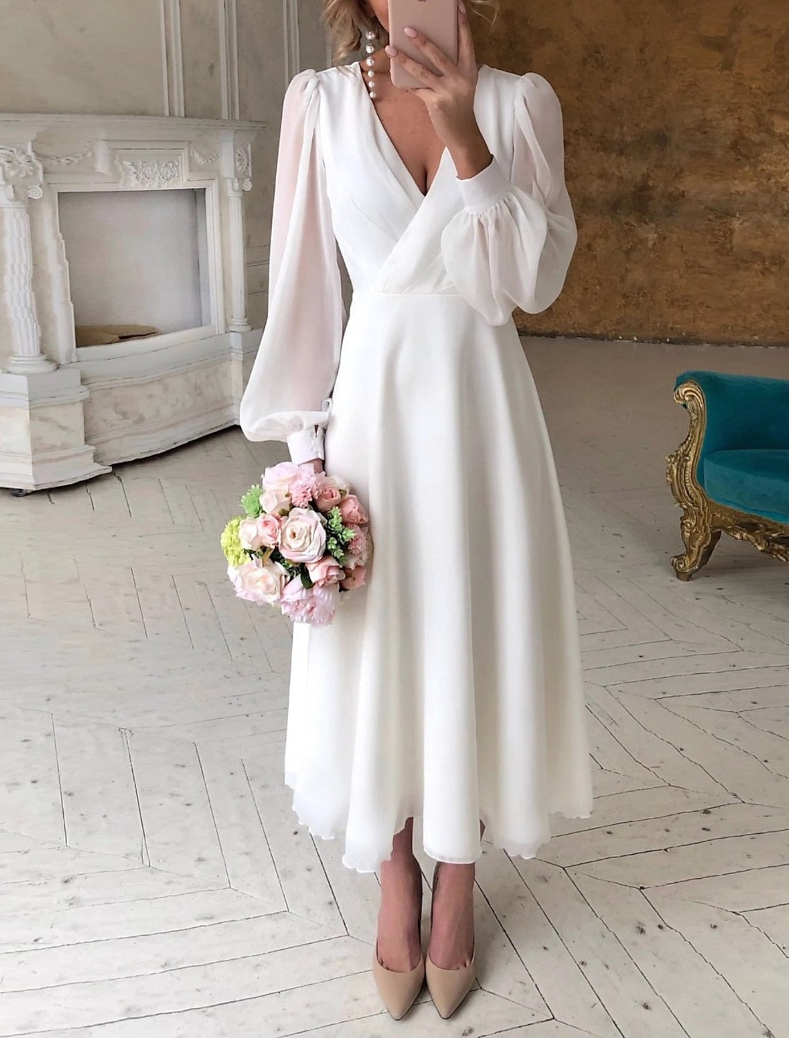 Women's Wedding Guest V-Neck Midi Dress – Long Sleeve Flowy Occasion Dress