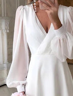 Women's Wedding Guest V-Neck Midi Dress – Long Sleeve Flowy Occasion Dress